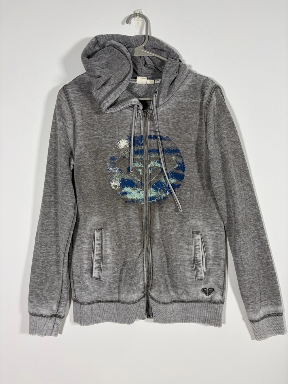 Roxy Gray Hooded Zip-Up Jacket with Blue Graphic